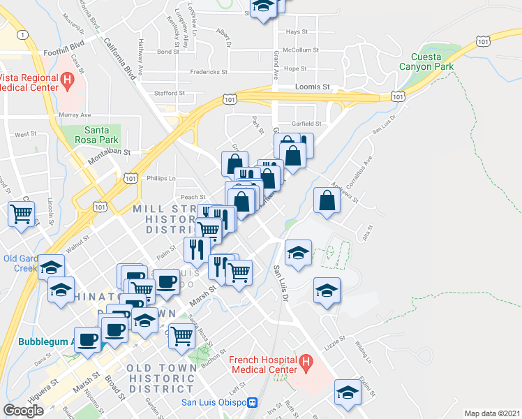 map of restaurants, bars, coffee shops, grocery stores, and more near 1531 Monterey Street in San Luis Obispo