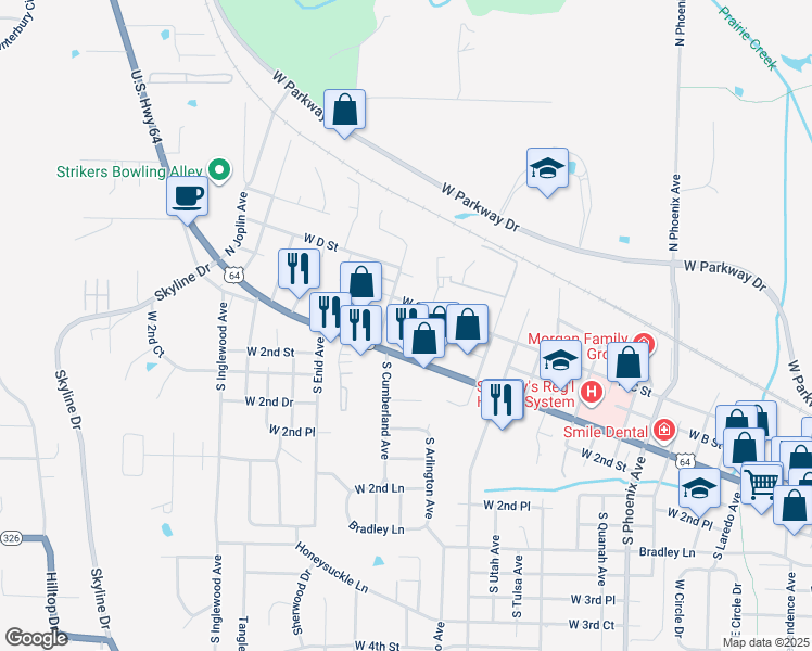map of restaurants, bars, coffee shops, grocery stores, and more near 2587 W B St in Russellville