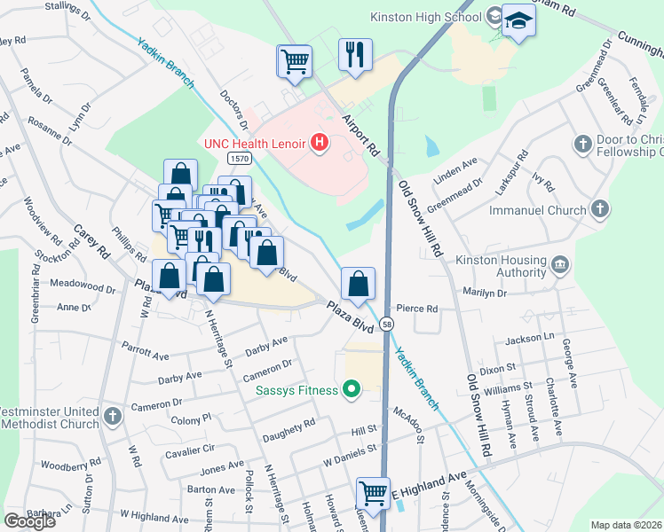 map of restaurants, bars, coffee shops, grocery stores, and more near 418 Darby Avenue in Kinston