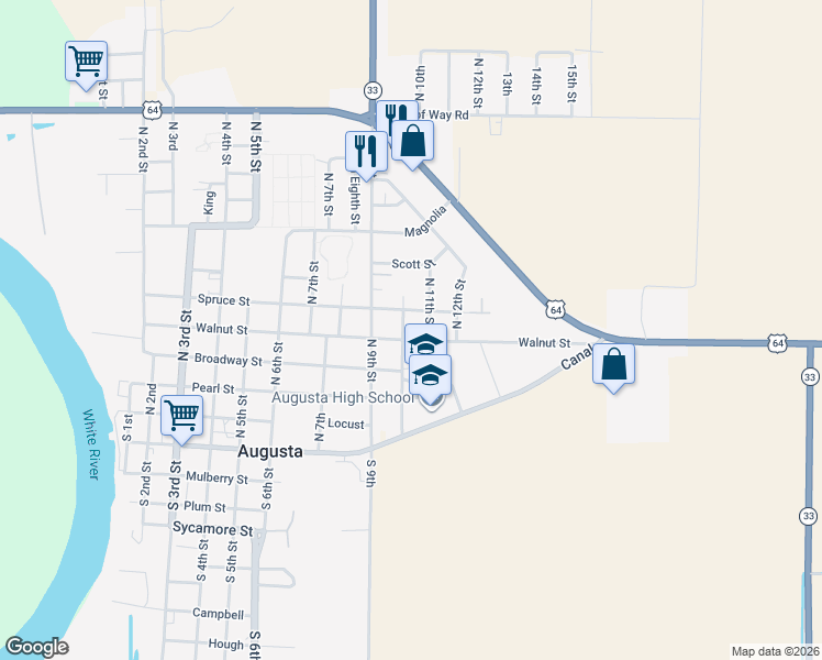 map of restaurants, bars, coffee shops, grocery stores, and more near 405 North 11th Street in Augusta