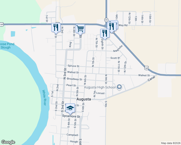 map of restaurants, bars, coffee shops, grocery stores, and more near 612 Walnut Street in Augusta