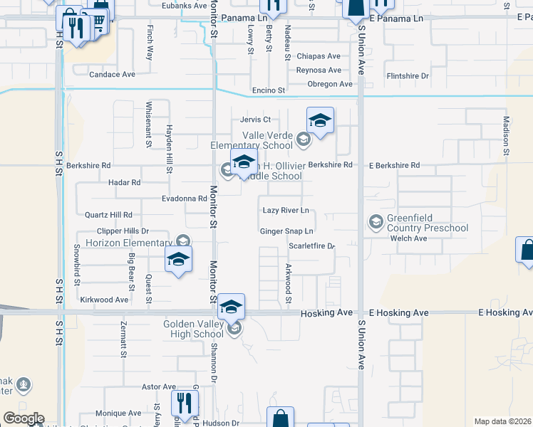 map of restaurants, bars, coffee shops, grocery stores, and more near 7601 Greywolf Court in Bakersfield