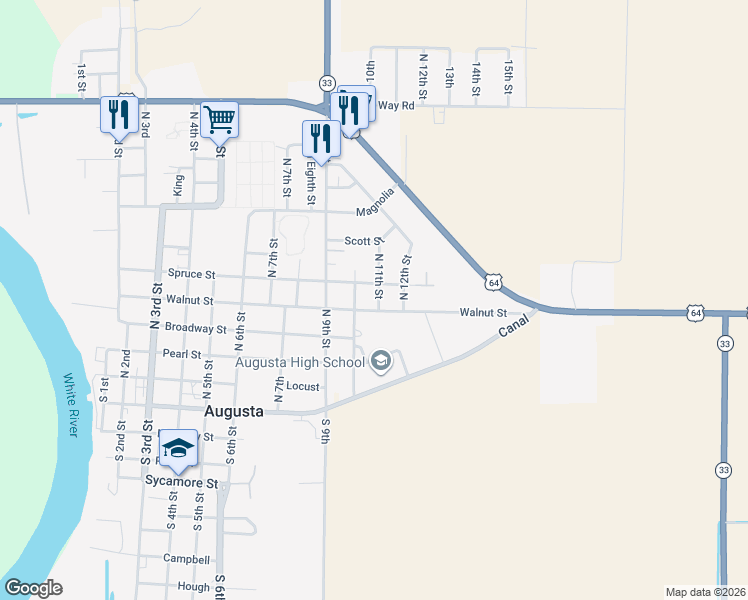 map of restaurants, bars, coffee shops, grocery stores, and more near 405 North 11th Street in Augusta