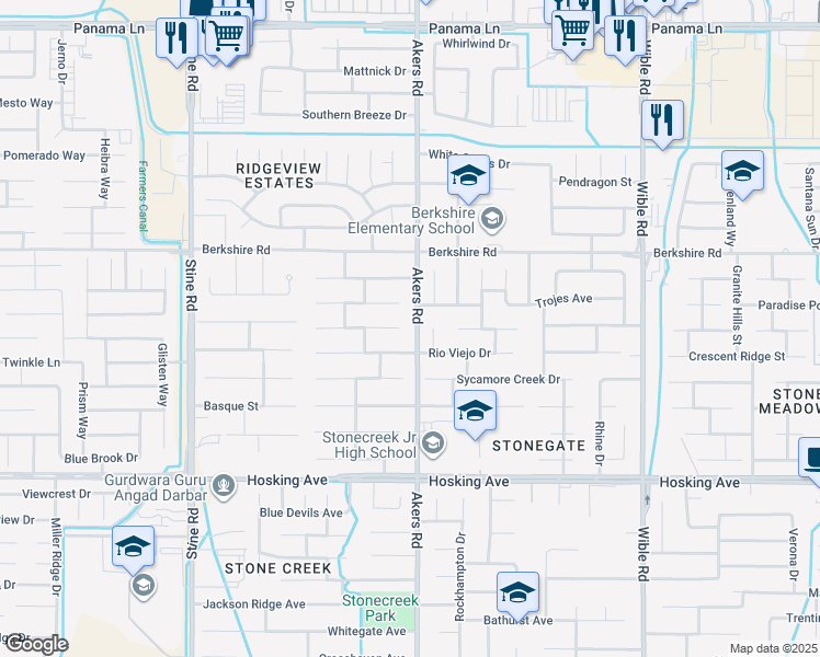 map of restaurants, bars, coffee shops, grocery stores, and more near 4102 Sierra Redwood Drive in Bakersfield