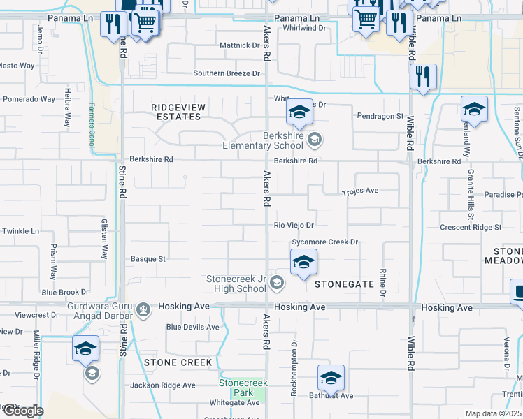 map of restaurants, bars, coffee shops, grocery stores, and more near 4102 Sierra Redwood Drive in Bakersfield