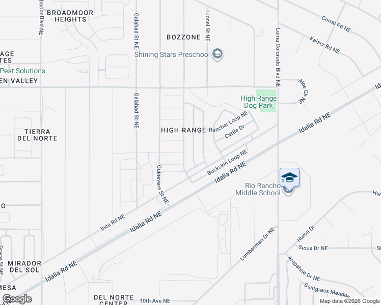 map of restaurants, bars, coffee shops, grocery stores, and more near 1702 Buckskin Loop Northeast in Rio Rancho