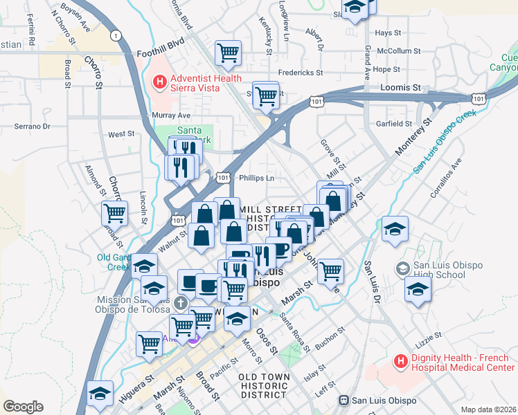 map of restaurants, bars, coffee shops, grocery stores, and more near 1229 Peach Street in San Luis Obispo