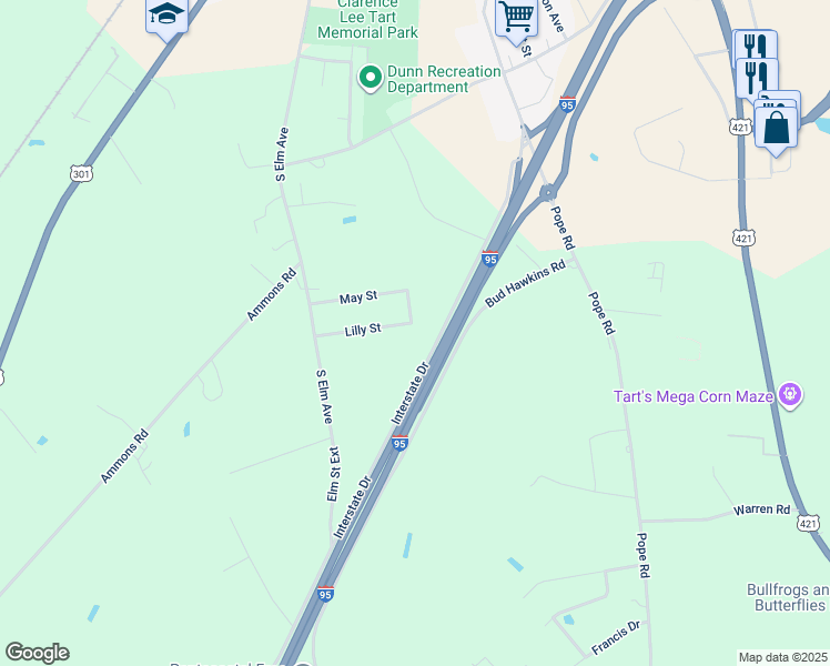 map of restaurants, bars, coffee shops, grocery stores, and more near 1400 Interstate Drive in Dunn