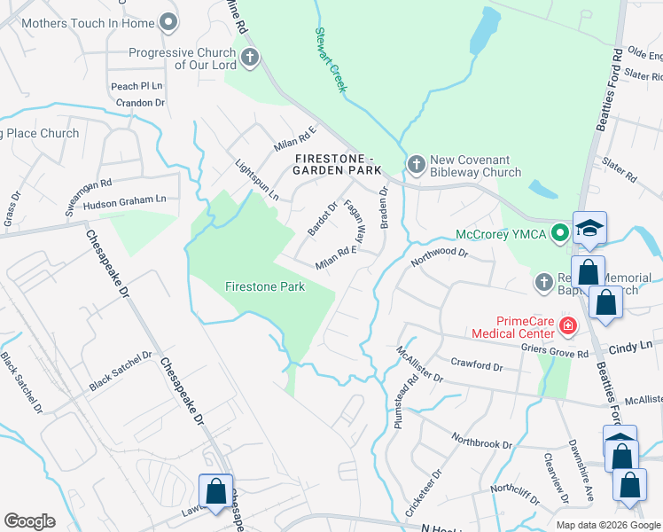 map of restaurants, bars, coffee shops, grocery stores, and more near 709 Milan Road East in Charlotte