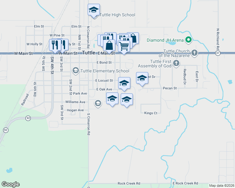 map of restaurants, bars, coffee shops, grocery stores, and more near 411 Margaret Drive in Tuttle