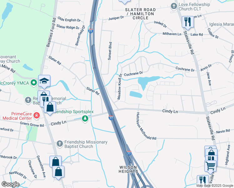 map of restaurants, bars, coffee shops, grocery stores, and more near 1830 Butterfly Lane in Charlotte