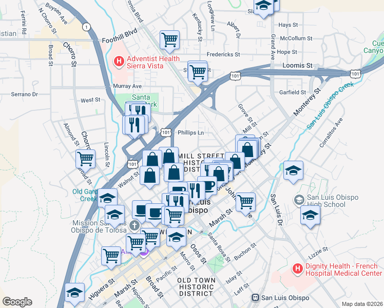 map of restaurants, bars, coffee shops, grocery stores, and more near 1229 Peach Street in San Luis Obispo