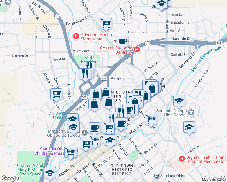 map of restaurants, bars, coffee shops, grocery stores, and more near 1229 Peach Street in San Luis Obispo