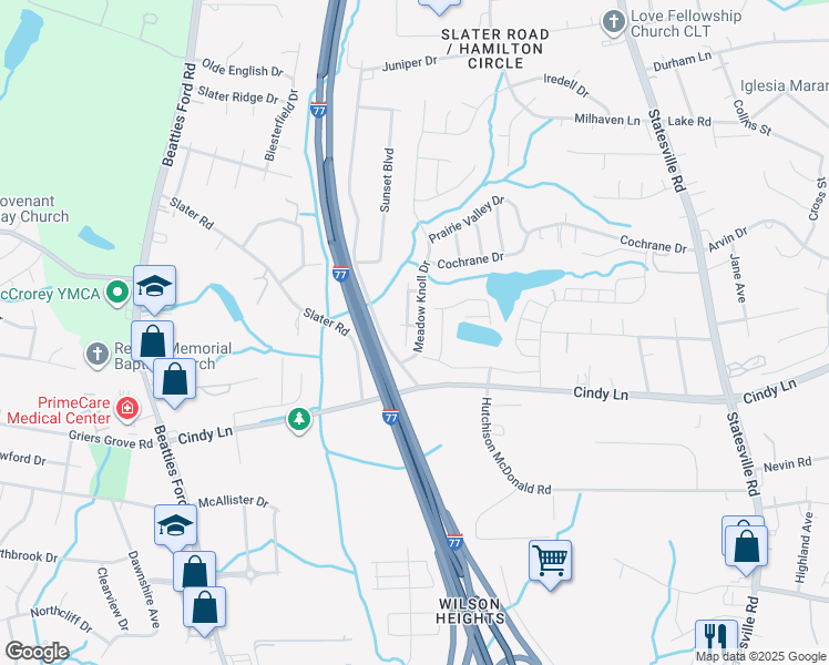 map of restaurants, bars, coffee shops, grocery stores, and more near 2632 Meadow Knoll Drive in Charlotte