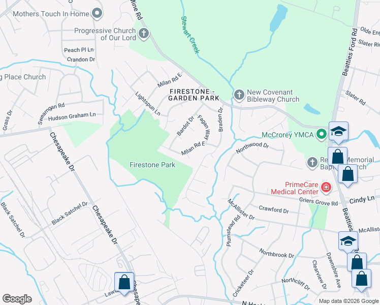 map of restaurants, bars, coffee shops, grocery stores, and more near 709 Milan Road East in Charlotte