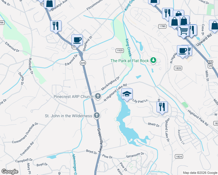 map of restaurants, bars, coffee shops, grocery stores, and more near 119 Mockingbird Drive in Hendersonville