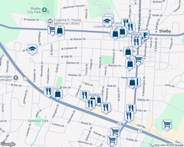 map of restaurants, bars, coffee shops, grocery stores, and more near 605 Gardner Street in Shelby