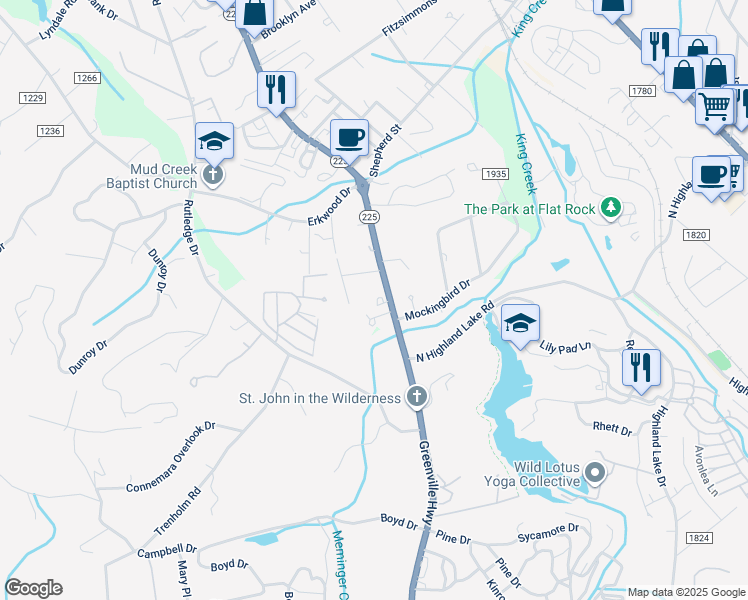 map of restaurants, bars, coffee shops, grocery stores, and more near 108 Malvern Drive in Hendersonville