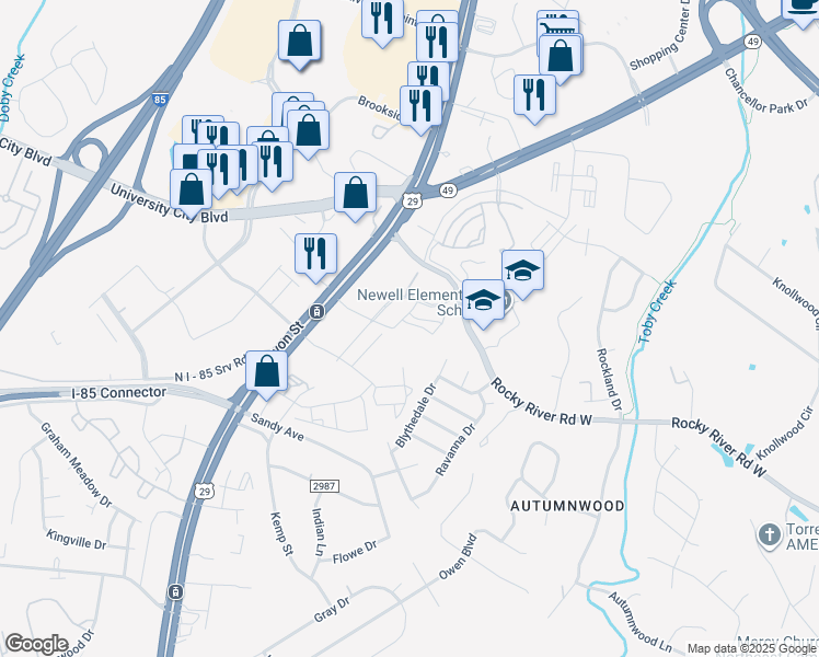 map of restaurants, bars, coffee shops, grocery stores, and more near 6020 Kings Cross Lane in Charlotte