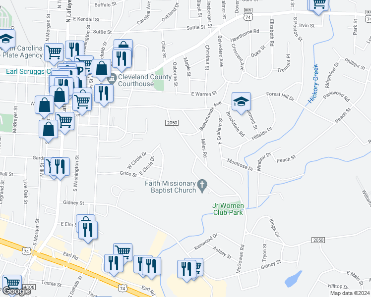 map of restaurants, bars, coffee shops, grocery stores, and more near 606 Kings Road in Shelby