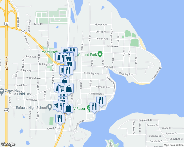 map of restaurants, bars, coffee shops, grocery stores, and more near 200 McKinley Avenue in Eufaula