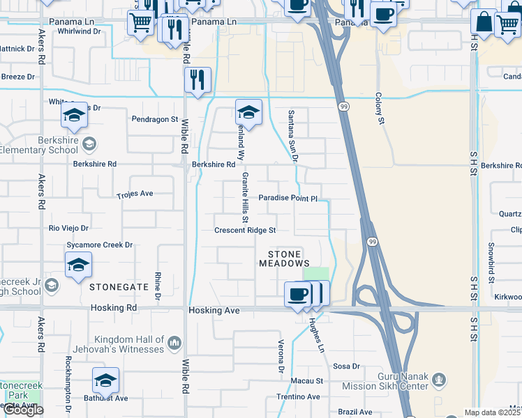 map of restaurants, bars, coffee shops, grocery stores, and more near 2904 Granite Ridge Place in Bakersfield