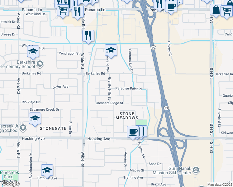 map of restaurants, bars, coffee shops, grocery stores, and more near 2904 Granite Ridge Place in Bakersfield