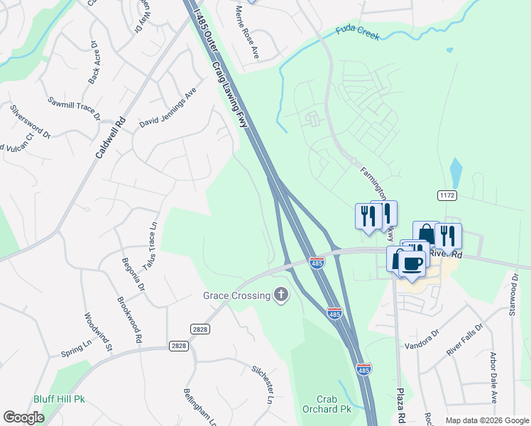 map of restaurants, bars, coffee shops, grocery stores, and more near 4223 Alderwood Lane in Charlotte