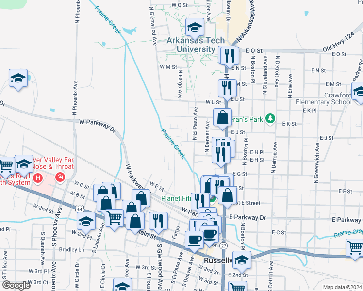 map of restaurants, bars, coffee shops, grocery stores, and more near North Glenwood Avenue in Russellville
