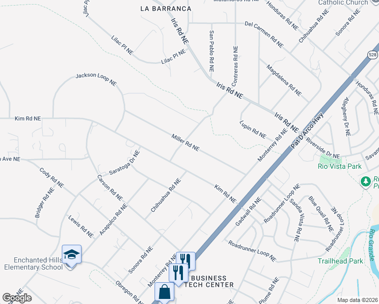 map of restaurants, bars, coffee shops, grocery stores, and more near 6020 Miller Road Northeast in Rio Rancho