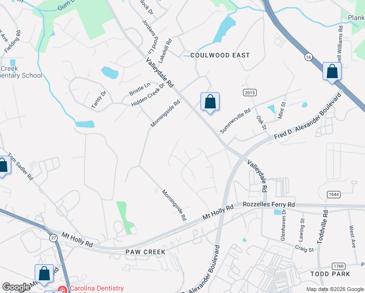 map of restaurants, bars, coffee shops, grocery stores, and more near 7118 Roaming Path Court in Charlotte