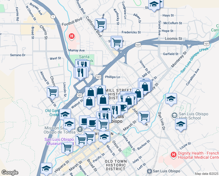 map of restaurants, bars, coffee shops, grocery stores, and more near 1250 Peach Street in San Luis Obispo
