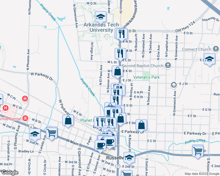 map of restaurants, bars, coffee shops, grocery stores, and more near 826 North Denver Avenue in Russellville