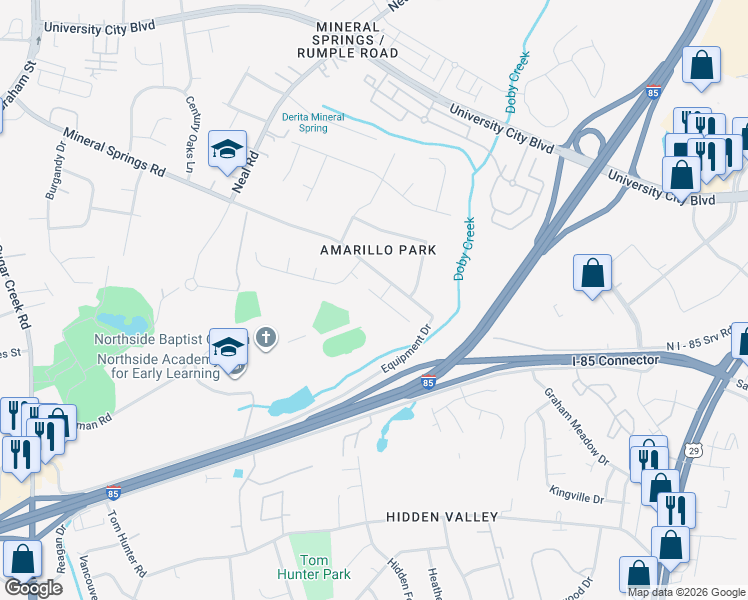 map of restaurants, bars, coffee shops, grocery stores, and more near 1001 Carriage Hill Place in Charlotte