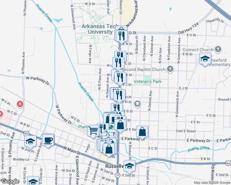 map of restaurants, bars, coffee shops, grocery stores, and more near 815 North Arkansas Avenue in Russellville