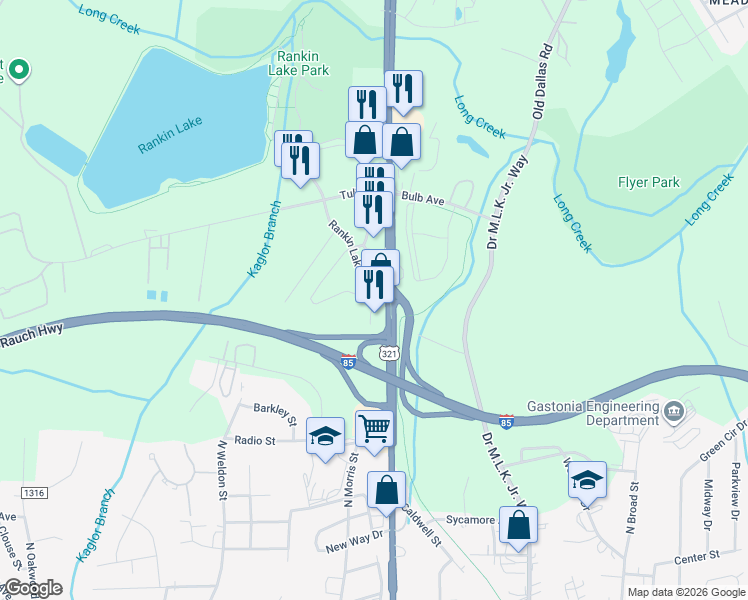 map of restaurants, bars, coffee shops, grocery stores, and more near 18340 Gaston Center Court in Gastonia