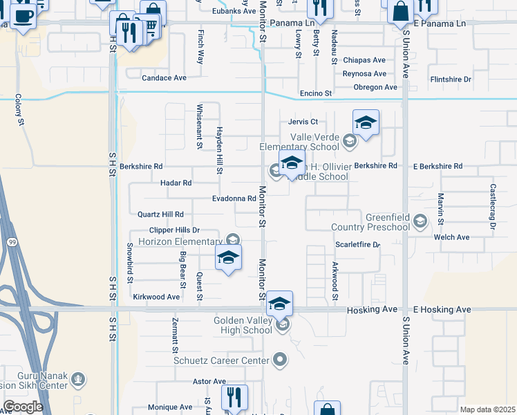 map of restaurants, bars, coffee shops, grocery stores, and more near 900 Olson Avenue in Bakersfield