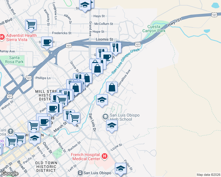 map of restaurants, bars, coffee shops, grocery stores, and more near 1727 Corralitos Avenue in San Luis Obispo