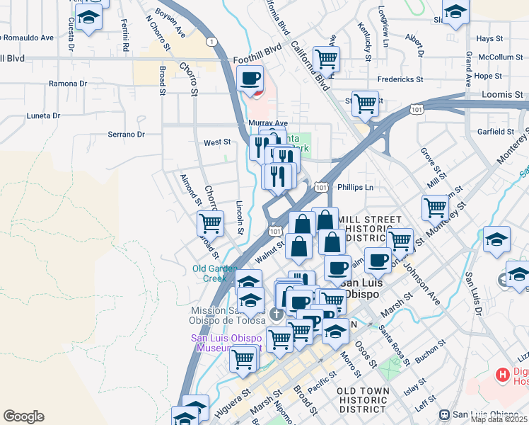 map of restaurants, bars, coffee shops, grocery stores, and more near 920 Olive Street in San Luis Obispo
