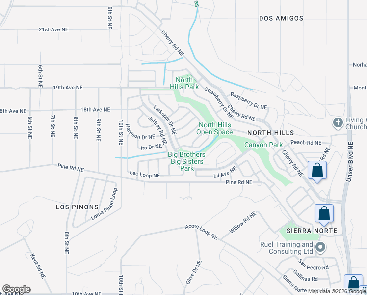 map of restaurants, bars, coffee shops, grocery stores, and more near 1604 Twinberry Drive Northeast in Rio Rancho