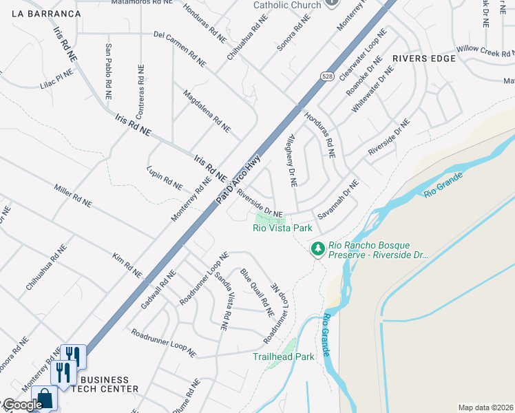 map of restaurants, bars, coffee shops, grocery stores, and more near 1650 Riverside Drive Northeast in Rio Rancho
