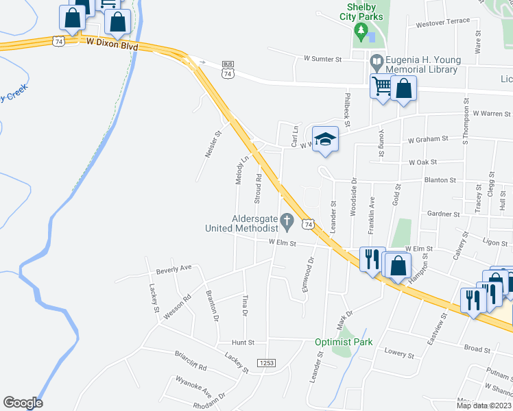 map of restaurants, bars, coffee shops, grocery stores, and more near 405 Stroud Road in Shelby