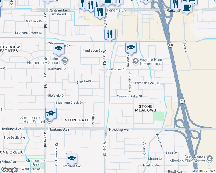map of restaurants, bars, coffee shops, grocery stores, and more near 7626 Wible Road in Bakersfield