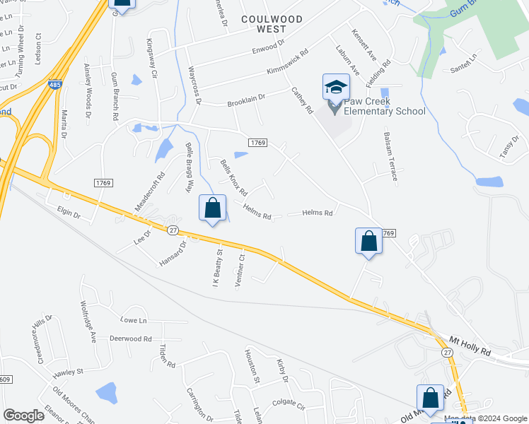 map of restaurants, bars, coffee shops, grocery stores, and more near 1124 Helms Road in Charlotte