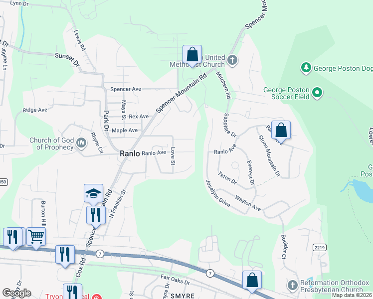 map of restaurants, bars, coffee shops, grocery stores, and more near 36 Ranlo Avenue in Gastonia
