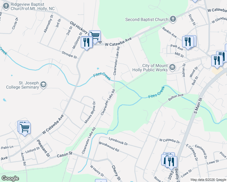 map of restaurants, bars, coffee shops, grocery stores, and more near 5214 Clearwater Lake Road in Mount Holly