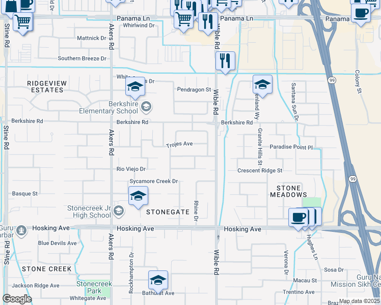 map of restaurants, bars, coffee shops, grocery stores, and more near 3400 Medallion Rose Avenue in Bakersfield