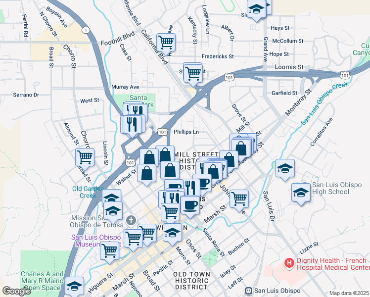 map of restaurants, bars, coffee shops, grocery stores, and more near 1229 Peach Street in San Luis Obispo