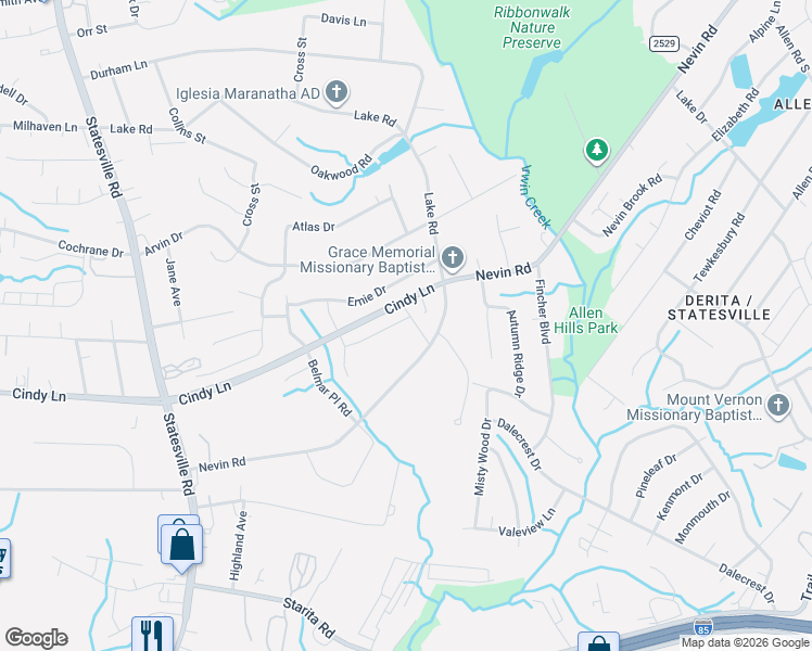 map of restaurants, bars, coffee shops, grocery stores, and more near 3831 Nevin Road in Charlotte