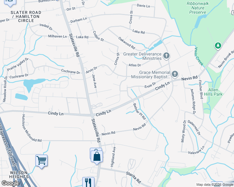 map of restaurants, bars, coffee shops, grocery stores, and more near 3343 Atlas Drive in Charlotte